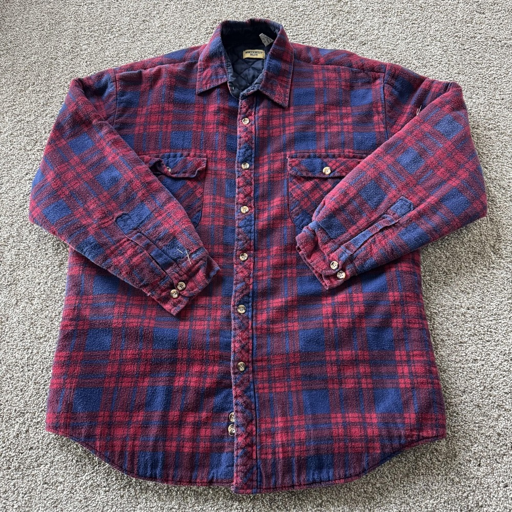 Vintage Northwest Blue Jacket Men Large Red Plaid Flannel Quilted Lined Workwear